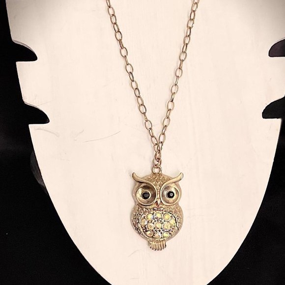 Jewelry - GOLD/COPPER OWL WITH AURORA BOREALIS AND BLACK RHINESTONES